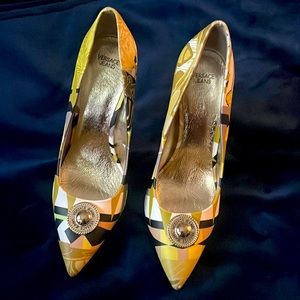 Versace high heels, multicolored with sleek gold heel.